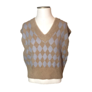 Sincerely Jules V neck Argyle blue and tan sweater vest